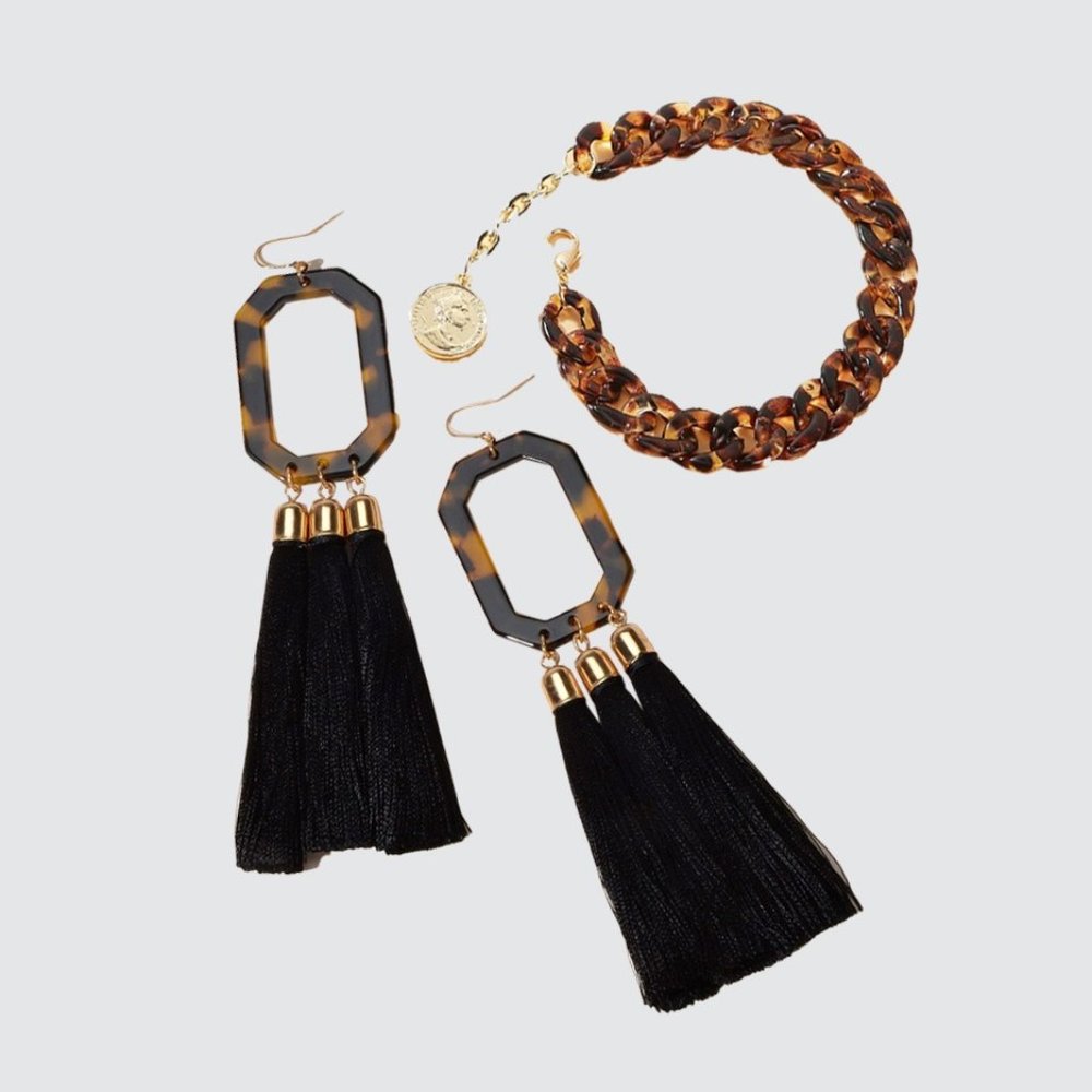 Tassel Drop Acrylic Earrings - Tortoiseshell + **FREE Bracelet